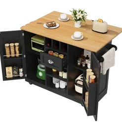 Îlot de cuisine avec parois pliantes et porte-bouteilles, meuble MDF métal, 140x70x93,5 cm noir/naturel