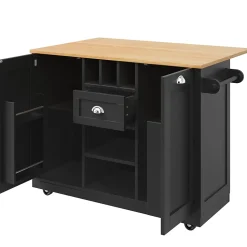 Îlot de cuisine avec parois pliantes et porte-bouteilles, meuble MDF métal, 140x70x93,5 cm noir/naturel