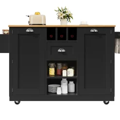 Îlot de cuisine avec parois pliantes et porte-bouteilles, meuble MDF métal, 140x70x93,5 cm noir/naturel