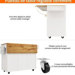 Îlot de cuisine avec plan de travail pliable, étagères réglables, tiroirs et portes doubles, 137,5 x 65 x 95,6 cm, blanc