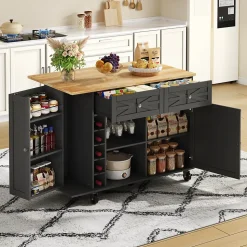 Îlot de Cuisine avec Plateau Pliable, 5 Roulettes Verrouillables, Porte-Bouteilles et Porte-Verres, Noir, 120x45(70)x89 cm