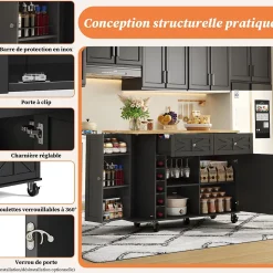 Îlot de Cuisine avec Plateau Pliable, 5 Roulettes Verrouillables, Porte-Bouteilles et Porte-Verres, Noir, 120x45(70)x89 cm