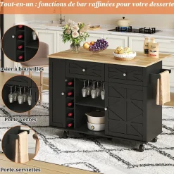 Îlot de Cuisine avec Plateau Pliable, 5 Roulettes Verrouillables, Porte-Bouteilles et Porte-Verres, Noir, 120x45(70)x89 cm