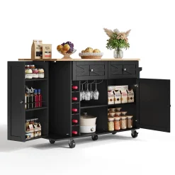 Îlot de Cuisine avec Plateau Pliable, 5 Roulettes Verrouillables, Porte-Bouteilles et Porte-Verres, Noir, 120x45(70)x89 cm