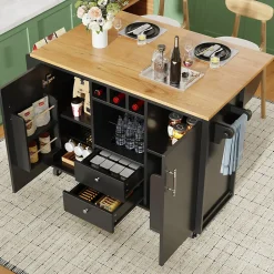 Îlot de cuisine avec rangement, 2 portes, étagères réglables, porte-serviettes et casier à vin, MDF métal, 138x73x92 cm noir