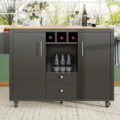 Îlot de cuisine avec rangement, 2 portes, étagères réglables, porte-serviettes et casier à vin, MDF métal, 138x73x92 cm noir