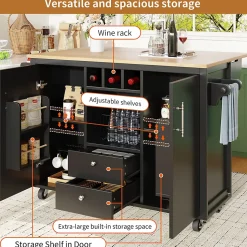 Îlot de cuisine avec rangement, 2 portes, étagères réglables, porte-serviettes et casier à vin, MDF métal, 138x73x92 cm noir