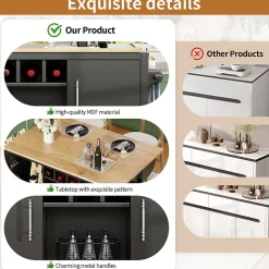 Îlot de cuisine avec rangement, 2 portes, étagères réglables, porte-serviettes et casier à vin, MDF métal, 138x73x92 cm noir