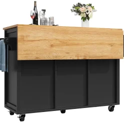 Îlot de cuisine avec rangement, 2 portes, étagères réglables, porte-serviettes et casier à vin, MDF métal, 138x73x92 cm noir