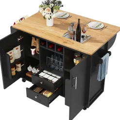 Îlot de cuisine avec rangement, 2 portes, étagères réglables, porte-serviettes et casier à vin, MDF métal, 138x73x92 cm noir