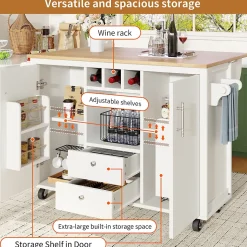 Îlot de cuisine avec rangement, 2 portes, 4 tiroirs, étagère épices porte-serviettes plateau pliant, MDF métal, 138x73x92 cm blanc