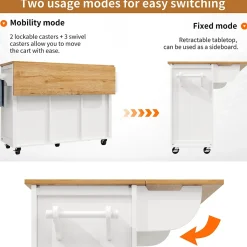 Îlot de cuisine avec rangement, 2 portes, 4 tiroirs, étagère épices porte-serviettes plateau pliant, MDF métal, 138x73x92 cm blanc