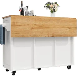 Îlot de cuisine avec rangement, 2 portes, 4 tiroirs, étagère épices porte-serviettes plateau pliant, MDF métal, 138x73x92 cm blanc