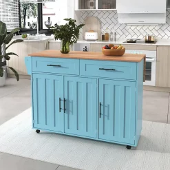 Îlot de Cuisine avec roulettes, 2 tiroirs et plan rabattable, panneau particules+bois massif, 129x71x91,5 cm, bleu