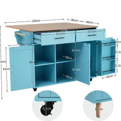 Îlot de Cuisine avec roulettes, 2 tiroirs et plan rabattable, panneau particules+bois massif, 129x71x91,5 cm, bleu