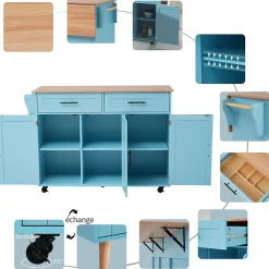 Îlot de Cuisine avec roulettes, 2 tiroirs et plan rabattable, panneau particules+bois massif, 129x71x91,5 cm, bleu