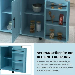 Îlot de Cuisine avec roulettes, 2 tiroirs et plan rabattable, panneau particules+bois massif, 129x71x91,5 cm, bleu