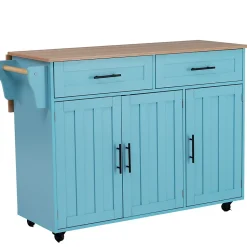 Îlot de Cuisine avec roulettes, 2 tiroirs et plan rabattable, panneau particules+bois massif, 129x71x91,5 cm, bleu