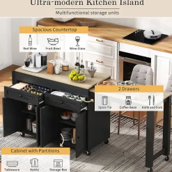 Îlot de Cuisine avec Roulettes, Tiroirs, Plan de Travail et Espace Repas Extensible, Rangement, 112-180,5x45x92,2 cm - MDF Noir