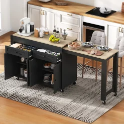 Îlot de Cuisine avec Roulettes, Tiroirs, Plan de Travail et Espace Repas Extensible, Rangement, 112-180,5x45x92,2 cm - MDF Noir