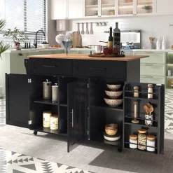 Îlot de Cuisine avec roulettes, 2 tiroirs et plan rabattable, panneau particules+bois massif, 129x71x91,5 cm, noir