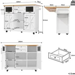 Îlot de cuisine avec séparateurs ajustables et porte-torchons, desserte MDF métal, 140x70x93,5 cm blanc/naturel