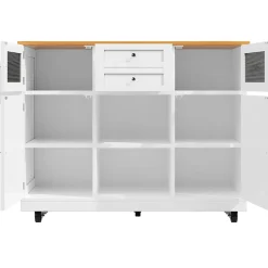 Îlot de cuisine avec séparateurs ajustables et porte-torchons, desserte MDF métal, 140x70x93,5 cm blanc/naturel