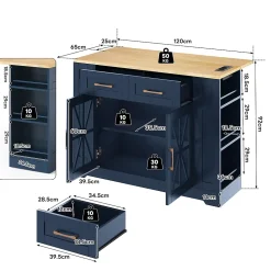 Îlot de Cuisine avec Table Pliante et Prises Électriques, Ports USB, Étagères Réglables - MDF Bleu et Naturel, 120x65-90x92 cm