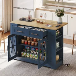 Îlot de Cuisine avec Table Pliante et Prises Électriques, Ports USB, Étagères Réglables - MDF Bleu et Naturel, 120x65-90x92 cm