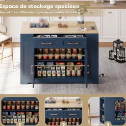 Îlot de Cuisine avec Table Pliante et Prises Électriques, Ports USB, Étagères Réglables - MDF Bleu et Naturel, 120x65-90x92 cm