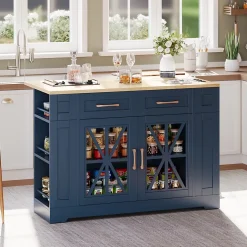 Îlot de Cuisine avec Table Pliante et Prises Électriques, Ports USB, Étagères Réglables - MDF Bleu et Naturel, 120x65-90x92 cm