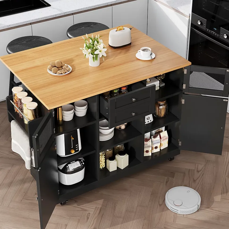 Îlot de cuisine avec étagères latérales et parois pliantes, desserte MDF métal, 140x70x93,5 cm noir/naturel