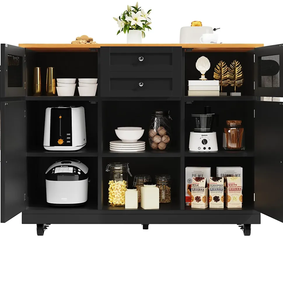 Îlot de cuisine avec étagères latérales et parois pliantes, desserte MDF métal, 140x70x93,5 cm noir/naturel