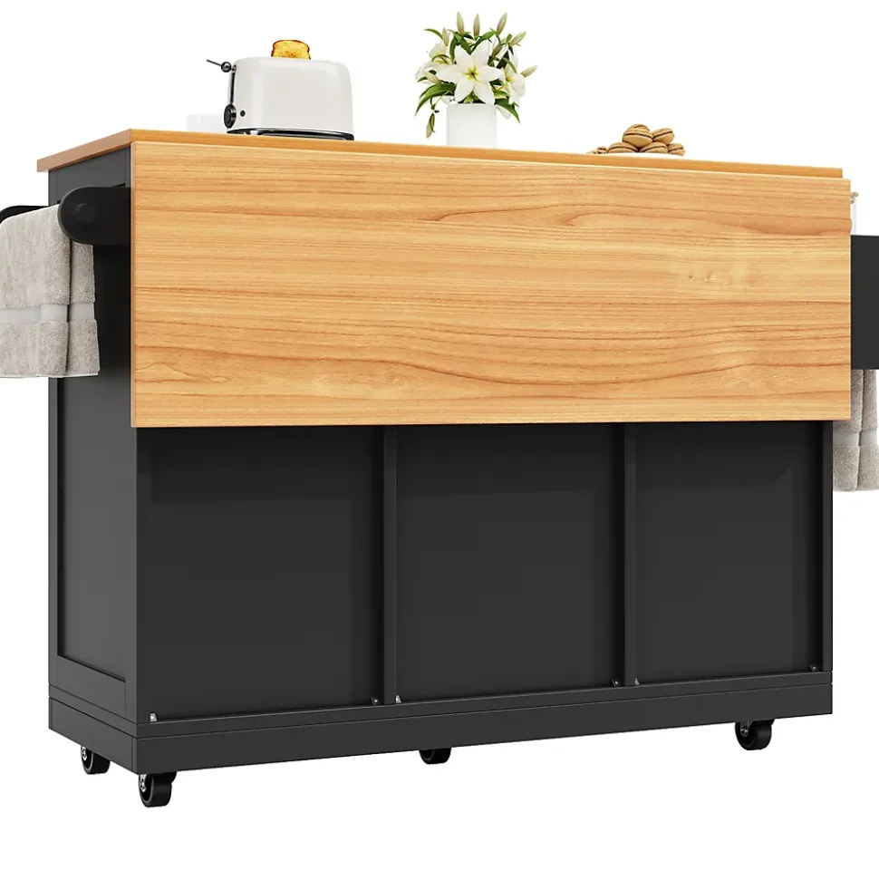 Îlot de cuisine avec étagères latérales et parois pliantes, desserte MDF métal, 140x70x93,5 cm noir/naturel