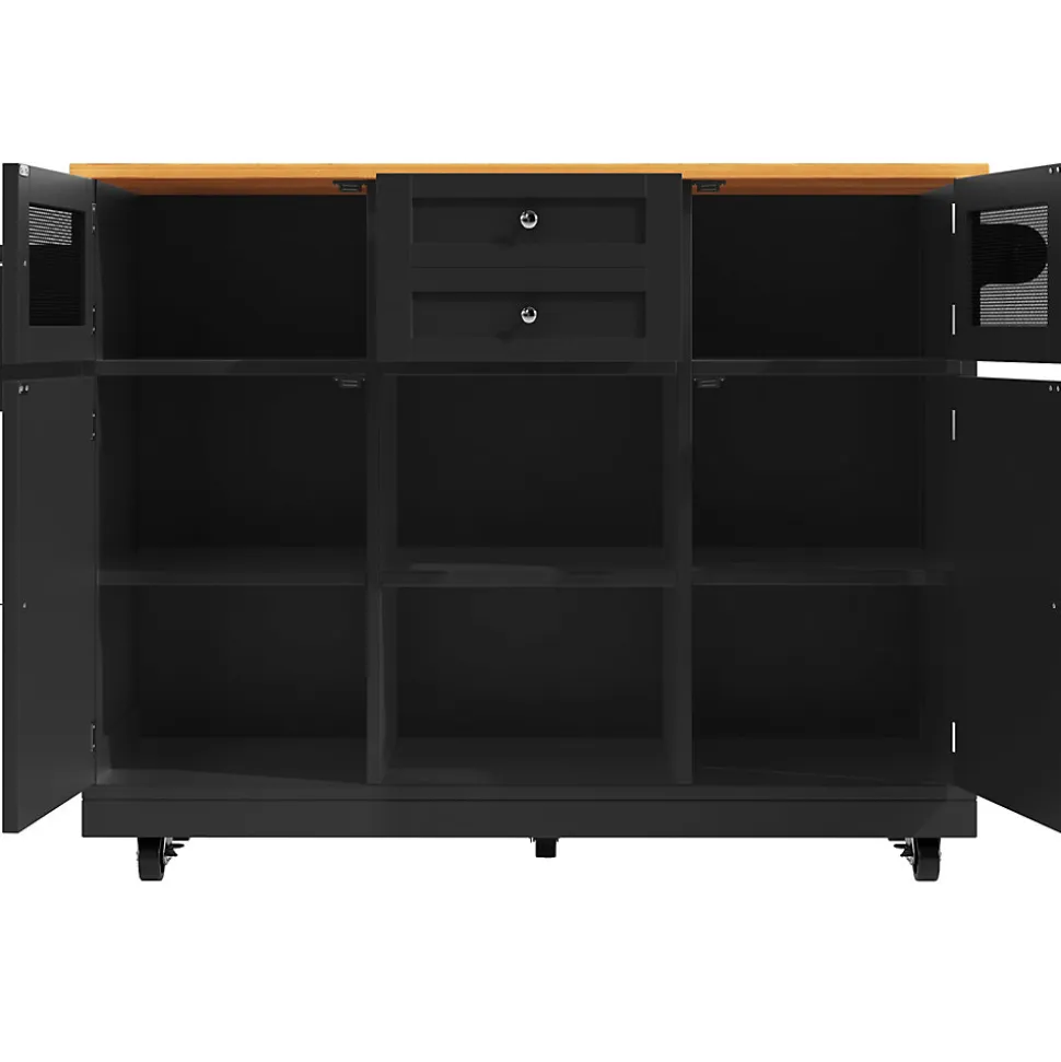 Îlot de cuisine avec étagères latérales et parois pliantes, desserte MDF métal, 140x70x93,5 cm noir/naturel