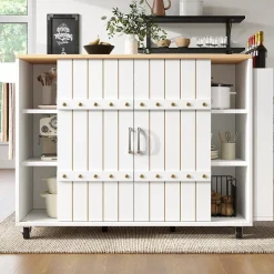 Îlot de Cuisine avec Tiroirs et Portes Coulissantes - Rangement sur Roulettes en MDF - 110x42x90 cm - Blanc