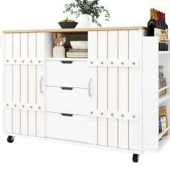 Îlot de Cuisine avec Tiroirs et Portes Coulissantes - Rangement sur Roulettes en MDF - 110x42x90 cm - Blanc