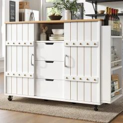 Îlot de Cuisine avec Tiroirs et Portes Coulissantes - Rangement sur Roulettes en MDF - 110x42x90 cm - Blanc