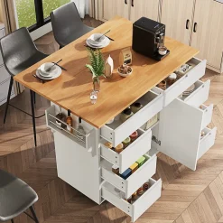 Îlot de Cuisine Blanche avec 8 Tiroirs et Roulettes, Plan de Travail Extensible et Étagère à Épices, MDF, 111x40x91,5 cm