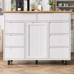 Îlot de Cuisine Blanche avec 8 Tiroirs et Roulettes, Plan de Travail Extensible et Étagère à Épices, MDF, 111x40x91,5 cm