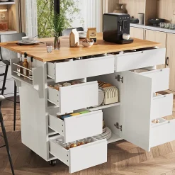 Îlot de Cuisine Blanche avec 8 Tiroirs et Roulettes, Plan de Travail Extensible et Étagère à Épices, MDF, 111x40x91,5 cm