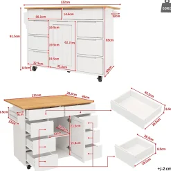 Îlot de Cuisine Blanche avec 8 Tiroirs et Roulettes, Plan de Travail Extensible et Étagère à Épices, MDF, 111x40x91,5 cm