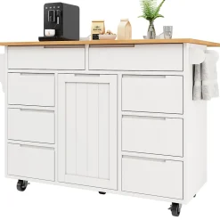 Îlot de Cuisine Blanche avec 8 Tiroirs et Roulettes, Plan de Travail Extensible et Étagère à Épices, MDF, 111x40x91,5 cm