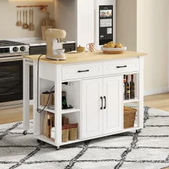 Îlot de Cuisine Buffet avec Roulettes - 2 Tiroirs, 2 Portes, Prises AC + USB, MDF, 120x77x93 cm - Blanc et Naturel