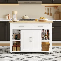 Îlot de Cuisine Buffet avec Roulettes - 2 Tiroirs, 2 Portes, Prises AC + USB, MDF, 120x77x93 cm - Blanc et Naturel