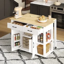 Îlot de Cuisine Buffet avec Roulettes - 2 Tiroirs, 2 Portes, Prises AC + USB, MDF, 120x77x93 cm - Blanc et Naturel