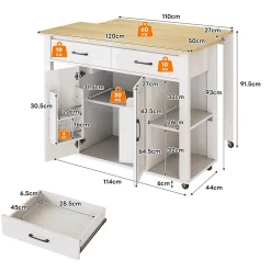 Îlot de Cuisine Buffet avec Roulettes - 2 Tiroirs, 2 Portes, Prises AC + USB, MDF, 120x77x93 cm - Blanc et Naturel
