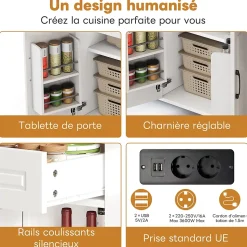 Îlot de Cuisine Buffet avec Roulettes - 2 Tiroirs, 2 Portes, Prises AC + USB, MDF, 120x77x93 cm - Blanc et Naturel