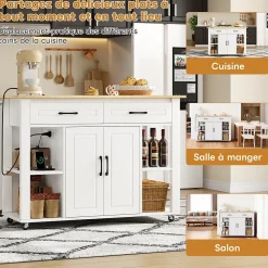 Îlot de Cuisine Buffet avec Roulettes - 2 Tiroirs, 2 Portes, Prises AC + USB, MDF, 120x77x93 cm - Blanc et Naturel