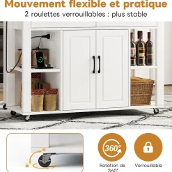 Îlot de Cuisine Buffet avec Roulettes - 2 Tiroirs, 2 Portes, Prises AC + USB, MDF, 120x77x93 cm - Blanc et Naturel